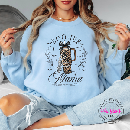 Light Blue crewneck sweatshirt with the boujee Halloween mom bats and tumbler graphic