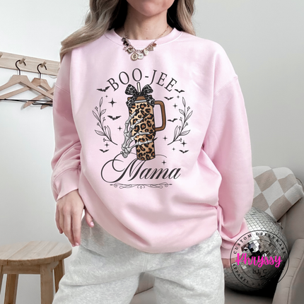 Light Pink crewneck sweatshirt with the Boo Jee Mama leopard tumbler graphic