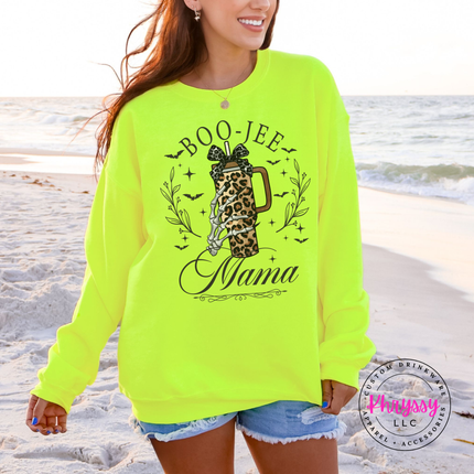 Safety Green crewneck sweatshirt with the spooky boo jee mama skeleton hand design