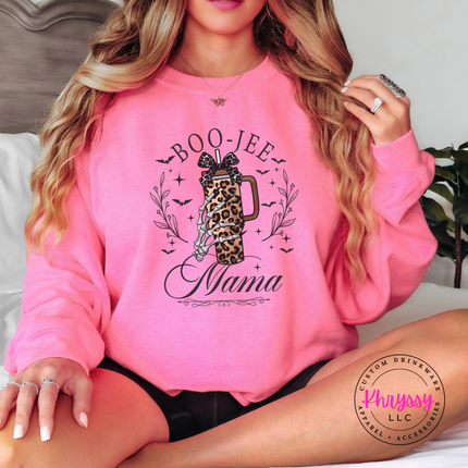 Safety Pink crewneck sweatshirt with the leopard tumbler with bow Halloween mama print