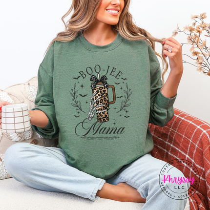 Heather sport dark green crewneck sweatshirt with a hand-illustrated boo-jee mama print.