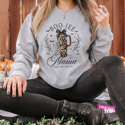 Sport Grey crewneck sweatshirt with the Boo Jee Mama leopard tumbler graphic