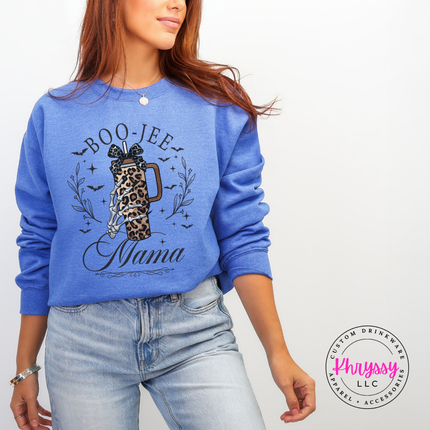 Heather sport royal colored crewneck sweatshirt featuring a leopard print tumbler design.