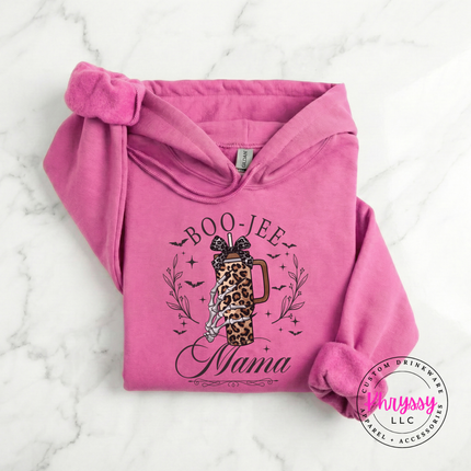 Azalea hoodie with the spooky boo jee mama skeleton hand design