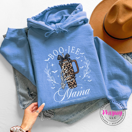 Carolina Blue hoodie with the leopard tumbler with bow Halloween mama print