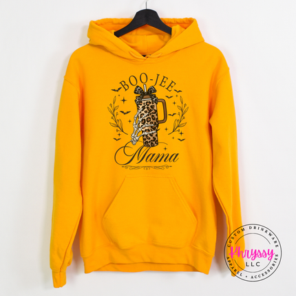 Gold hoodie with the boujee Halloween mom bats and tumbler graphic