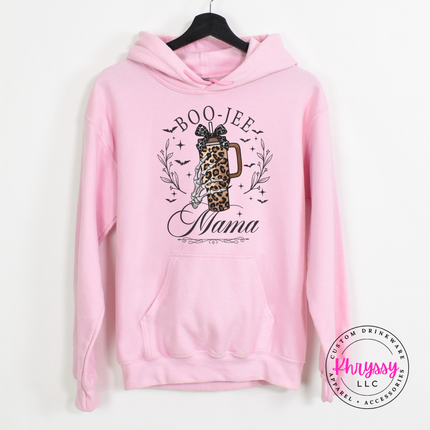 light pink hoodie featuring a skeleton hand holding a leopard tumbler.
