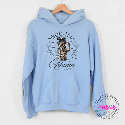 Light blue pullover hoodie with a hand-illustrated boo-jee mama print.