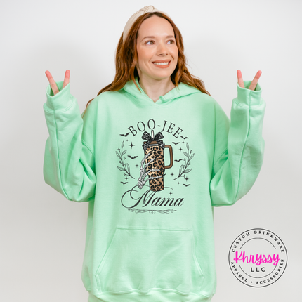 Mint colored hoodie featuring a leopard print tumbler and skeleton hand.