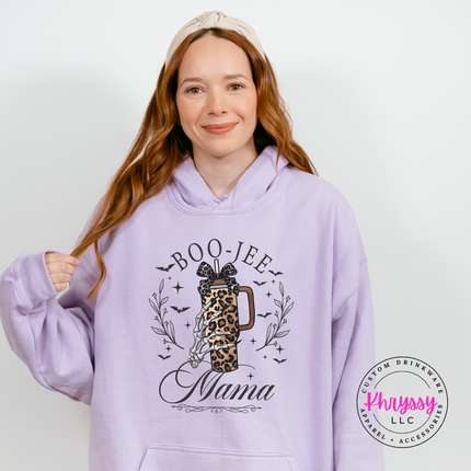 Orchid hoodie with the boujee Halloween mom bats and tumbler graphic