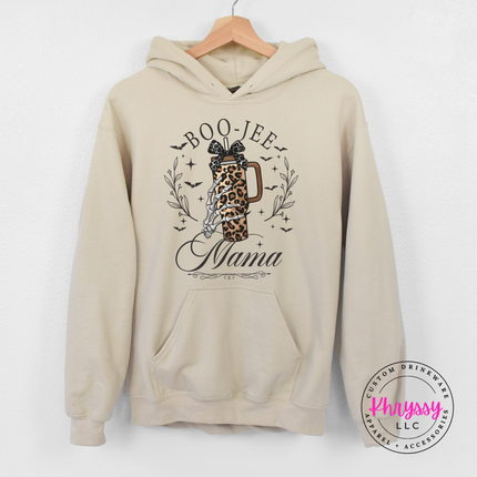 Sand hoodie with the Boo Jee Mama leopard tumbler graphic