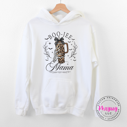 White pullover hoodie with a boo-jee mama skeleton illustration.