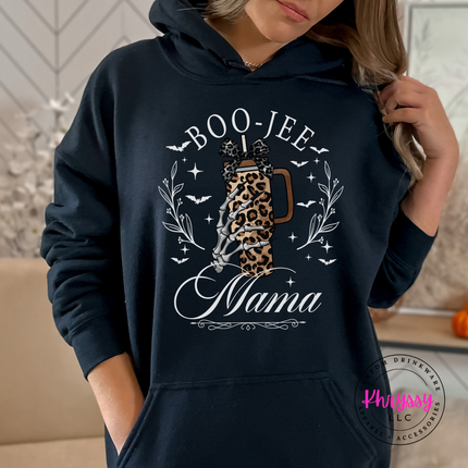 Woman wearing an black pullover hoodie with a boo-jee mama design.