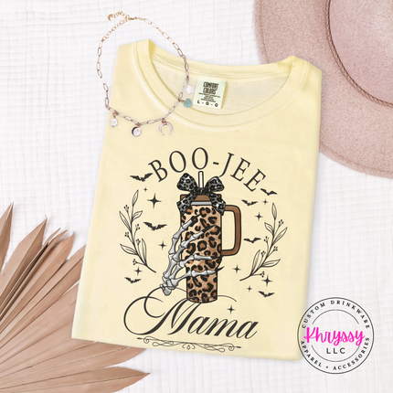 Butter tee with the spooky boo jee mama skeleton hand design