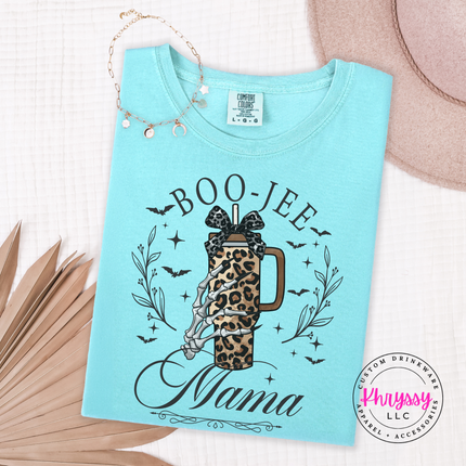 Chalky Mint tee with the leopard tumbler with bow Halloween mama print