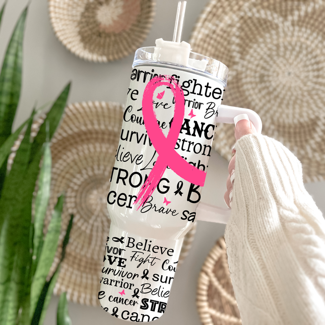 White 40oz breast cancer awareness tumbler with lid, straw and handle