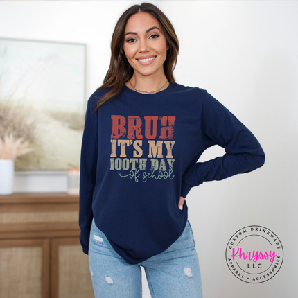 Navy long sleeve tee showing a vintage distressed 100 days print.