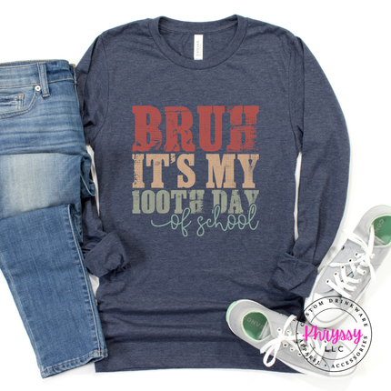 Heather Navy long sleeve tee showing a vintage distressed 100 days print.