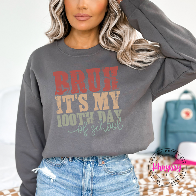 Charcoal crewneck featuring a retro 100 days milestone design.