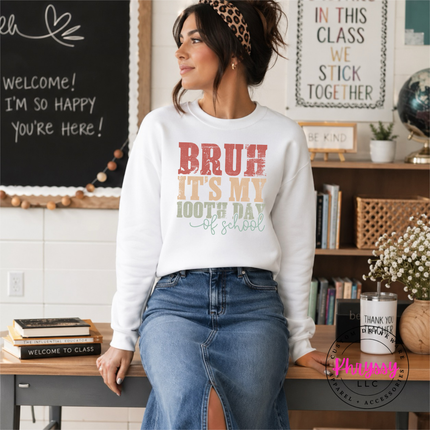 White heavyweight crewneck with an earthy retro 100th day design.
