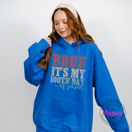 Royal blue hoodie with an earthy retro 100th day of school design.