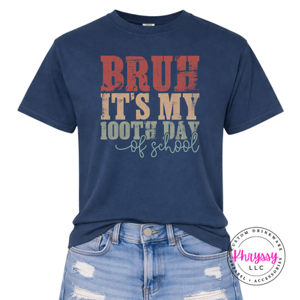 Navy comfort tee showing a vintage distressed 100 days of school print.