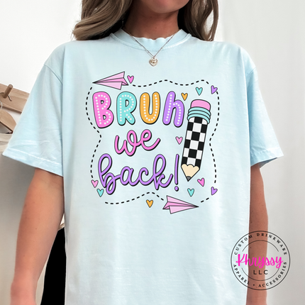 Chambray blue tee with a playful pastel back-to-school classroom graphic.