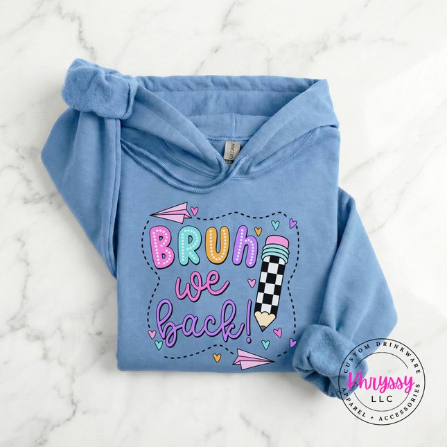 Carolina blue hoodie featuring a checkered pencil and doodled hearts.