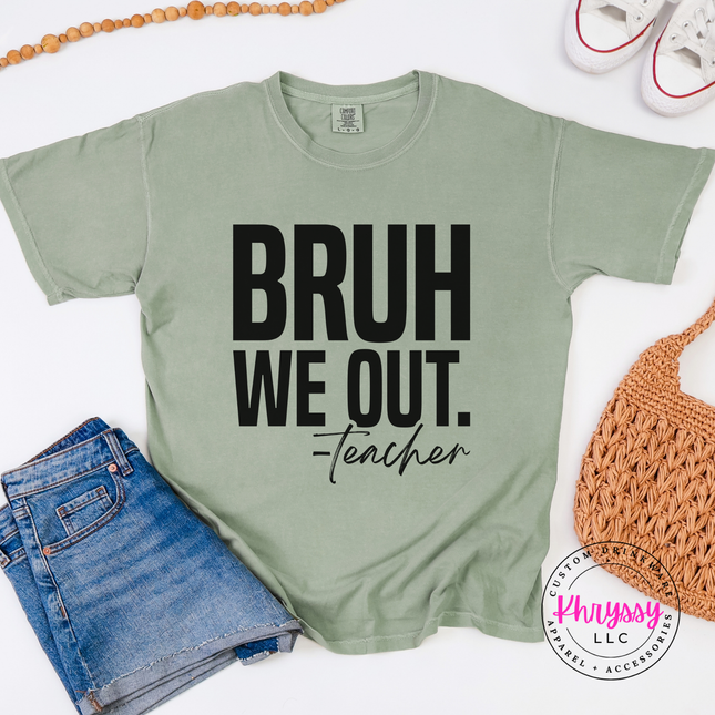 Bay blue soft tee styled flat with a bold teacher humor graphic.