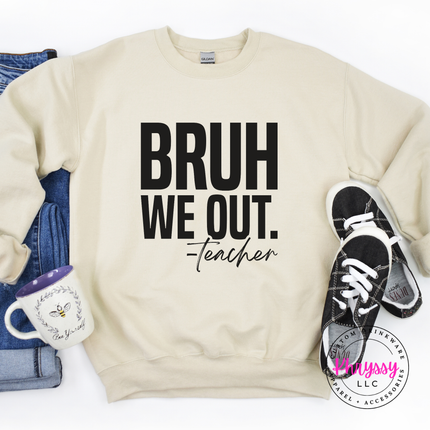 Sand crewneck sweatshirt styled with a blunt black educator statement.
