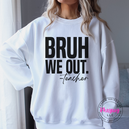 White crewneck sweatshirt with a bold black school is out print.