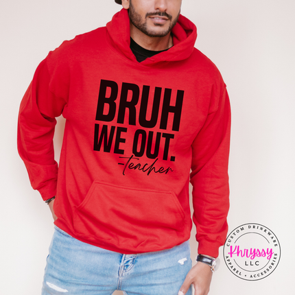 red heavyweight hoodie styled with a blunt black educator statement.