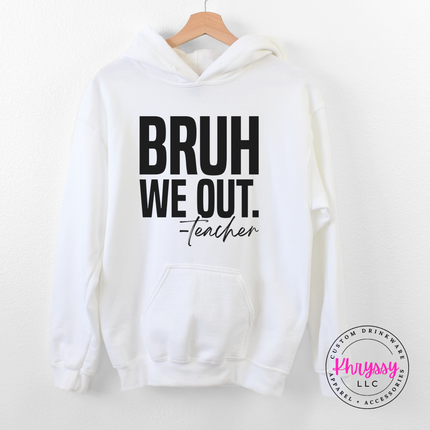 White hoodie with a bold black school is out print on the front.