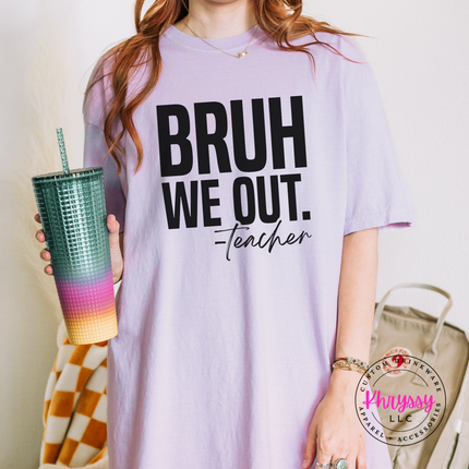 Orchid comfort tee showing a playful black end of school year print.