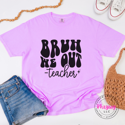 Woman wearing a neon violet tee with the Bruh We Out teacher graphic.