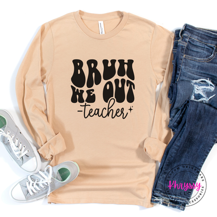 Sand Dune tee featuring bold bubble lettering that reads Bruh We Out.