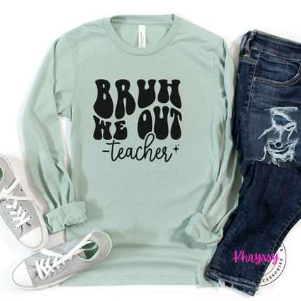 Mint tee styled with jeans, highlighting the Bruh We Out design.