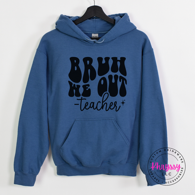 Woman wearing a Indigo Blue hoodie with the Bruh We Out graphic.