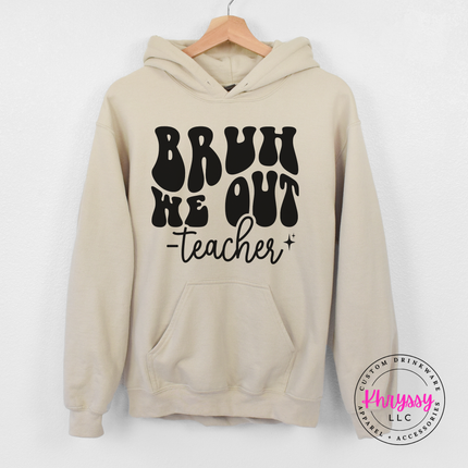 Sand hoodie styled with jeans, highlighting the Bruh We Out design.