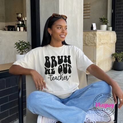 Ivory tee worn outdoors with the playful teacher summer graphic.