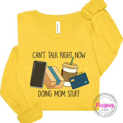 Heather Yellow Gold long sleeve tee with the busy mom life coffee and phone design