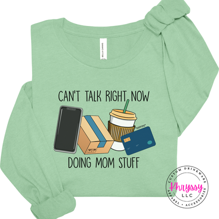 Mint long sleeve tee styled with jeans and the doing mom stuff design