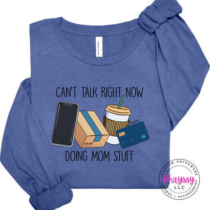 Heather True royal colored soft-fit shirt with a phone and coffee mom illustration.