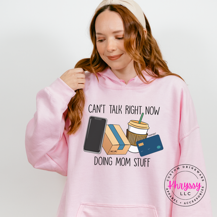 Light Pink hoodie featuring the busy mom life design with iced coffee and phone