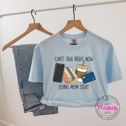 Chambray tee with the doing mom stuff design of coffee, cards and packages