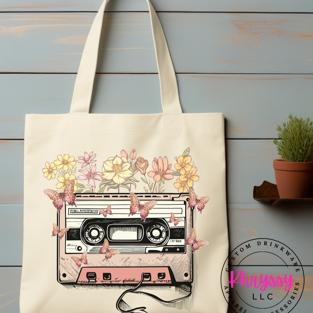 Retro Vibes & Butterflies Cassette Tape Canvas Tote Bag