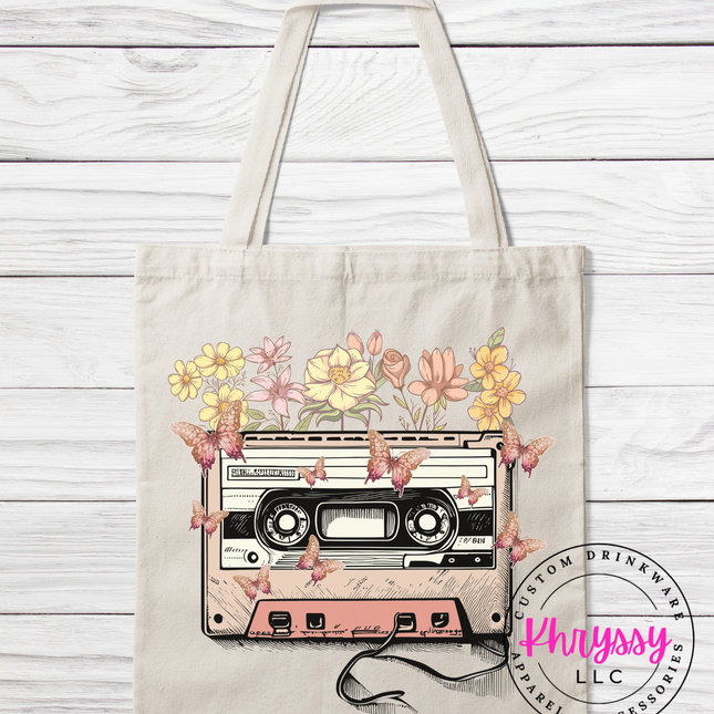 Retro Vibes & Butterflies Cassette Tape Canvas Tote Bag