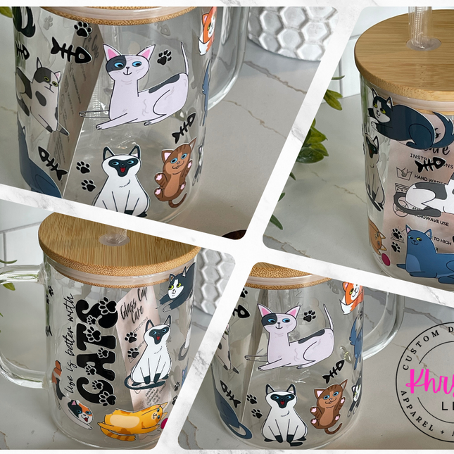 Life is Purrfect with Cats: 17oz Clear Glass Coffee Mug with Straw