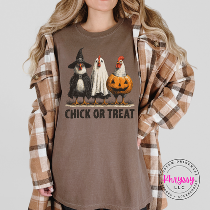 Espresso brown Halloween chicken tee styled with jeans and a coffee cup.