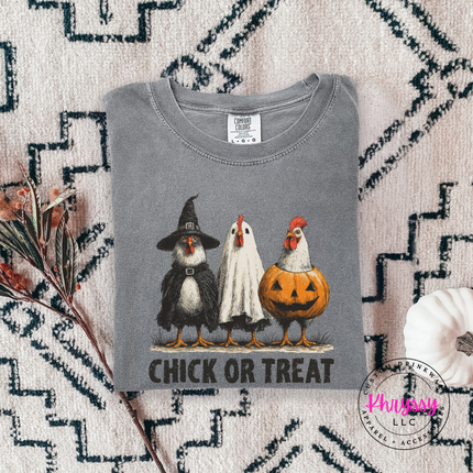 Gray tee with the Chick or Treat Halloween chicken graphic